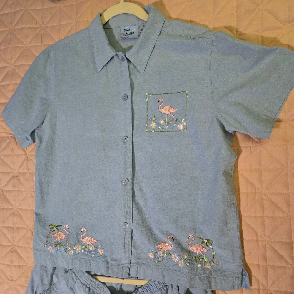Jane Ashley Blue‎ Cotton Flamingo Chambray Set Top Pants PL Embroidery Sequin